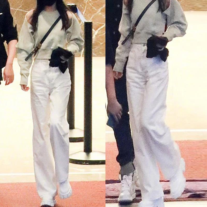 2025新款韩版白色阔腿直筒牛仔裤女2025春秋新款高腰宽松小个子垂