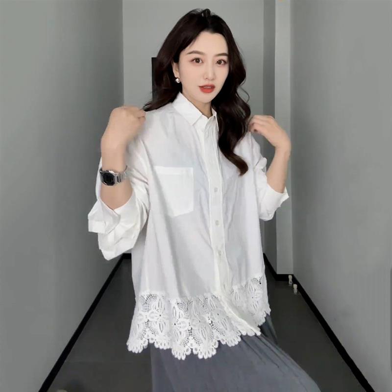 2025新款韩版大尺码胖妹妹高级感蕾丝拼接白色长袖衬衫女春宽松显