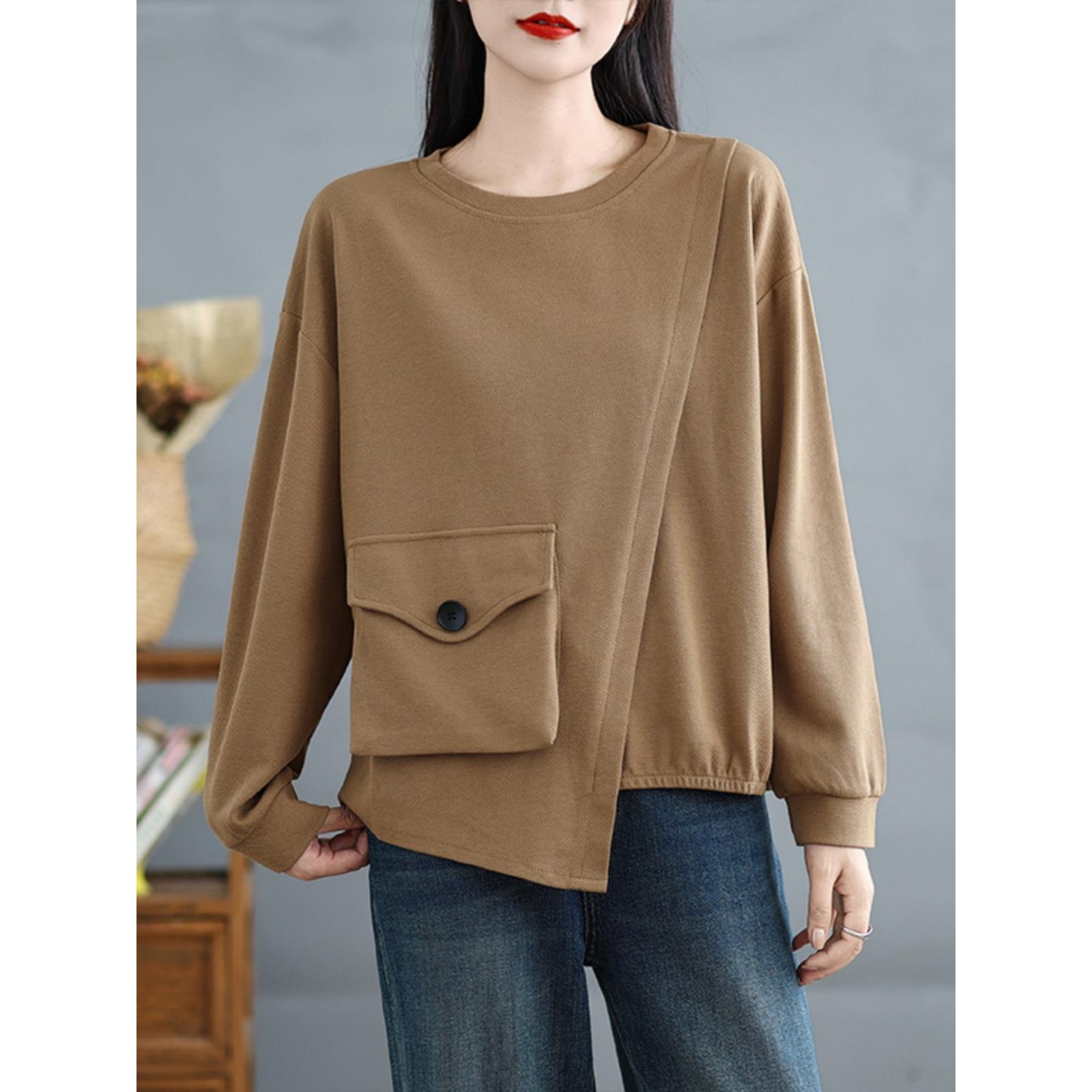 2025新款韩版加码胖毫米韩国风格个性化大翻盖口袋裤右肩运动衫女