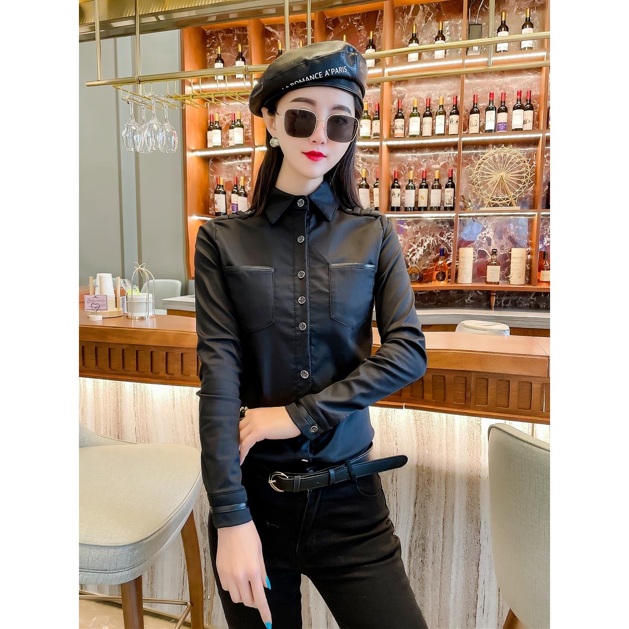 2025新款韩版秋冬季新款加绒衬衫女长袖修身气质墨绿色上衣韩版设