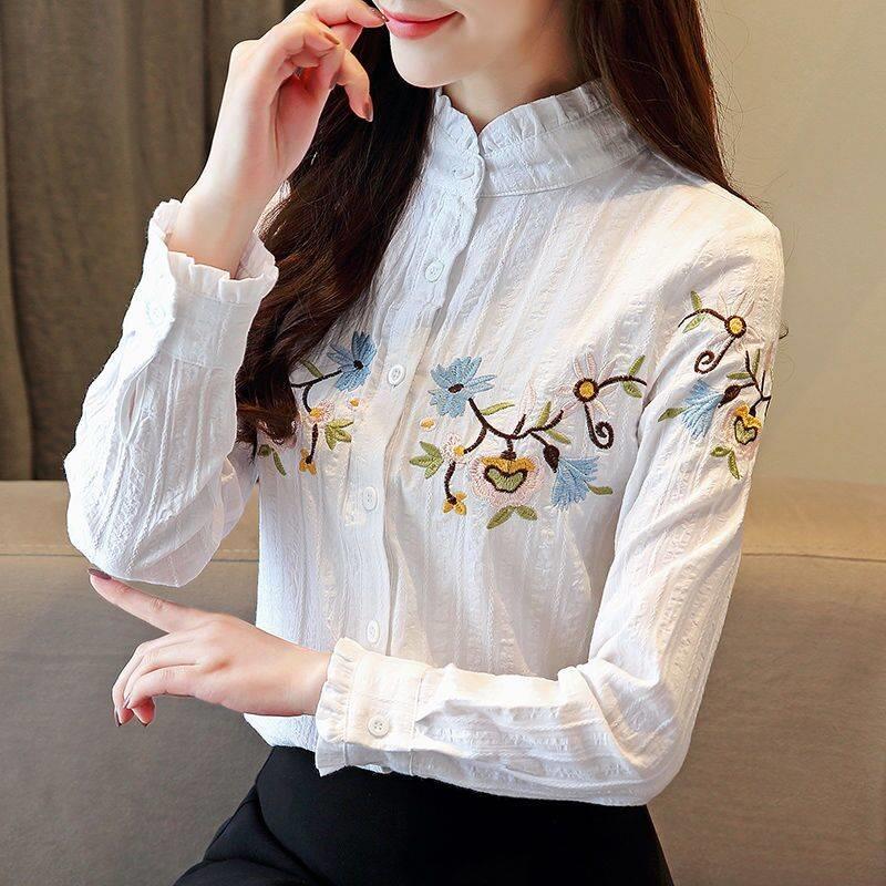 2025新款韩版纯棉衬衫女长袖秋冬新款加绒加厚职业衬衣绣花立领木