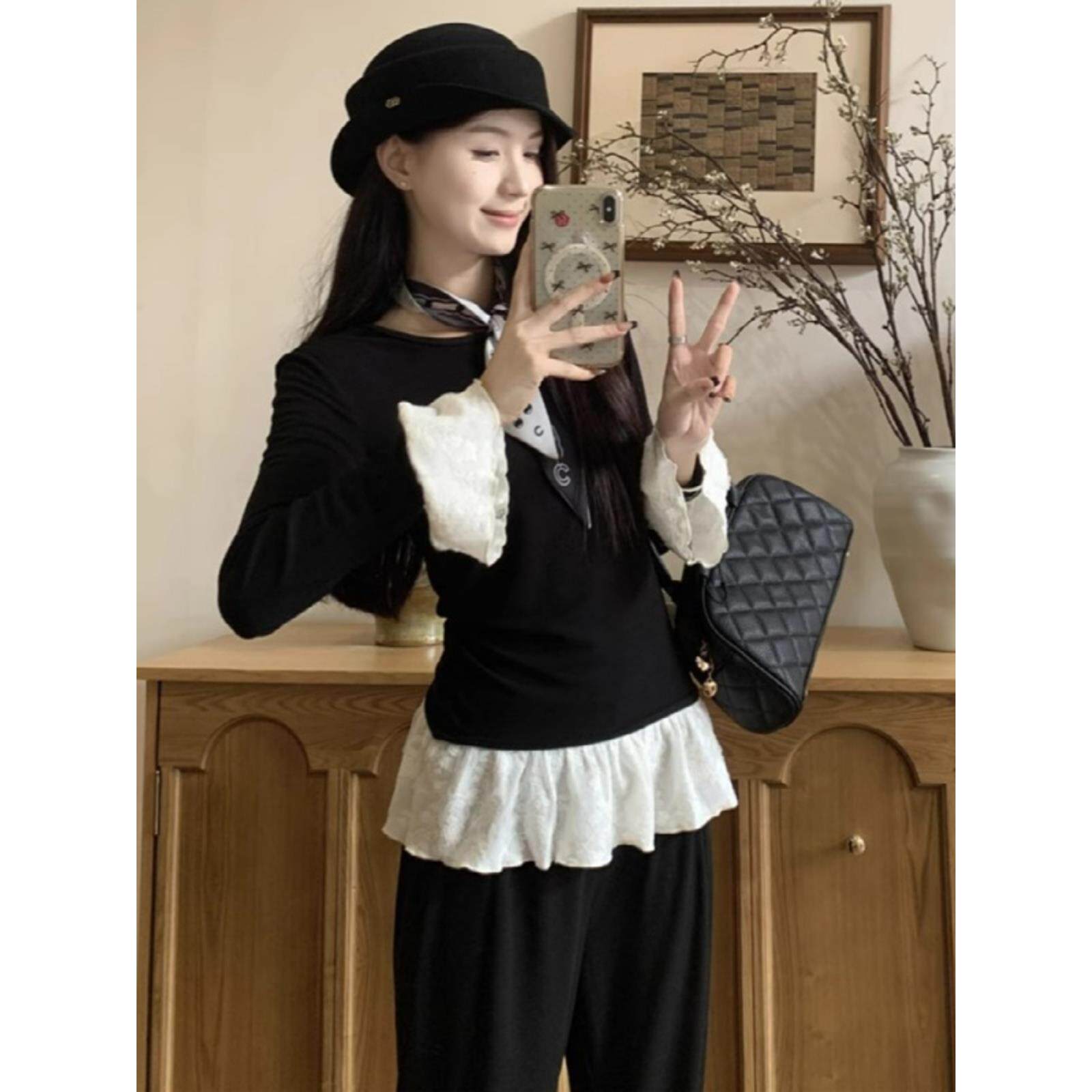 2025新款韩版大码设计感蕾丝拼接长袖T恤秋季新款法式气质小众收