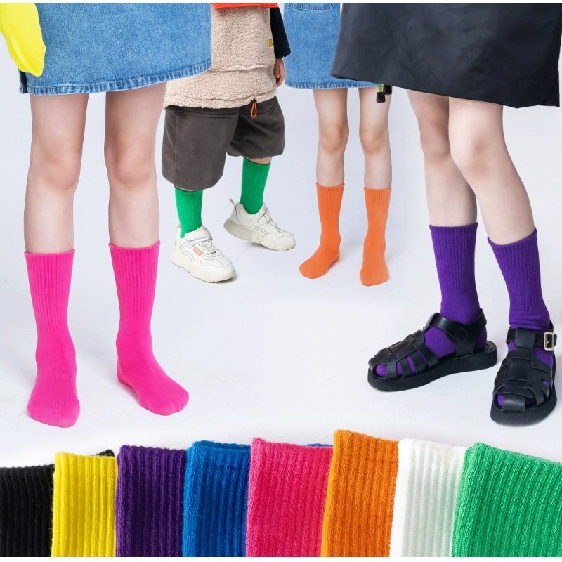 3-12岁多巴胺彩色儿童直筒舞蹈无后跟糖果纯色棉袜男女童表演袜子