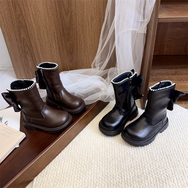 女童皮靴子冬季加绒公主棉靴软底二棉保暖高帮蝴蝶结小童宝宝皮鞋