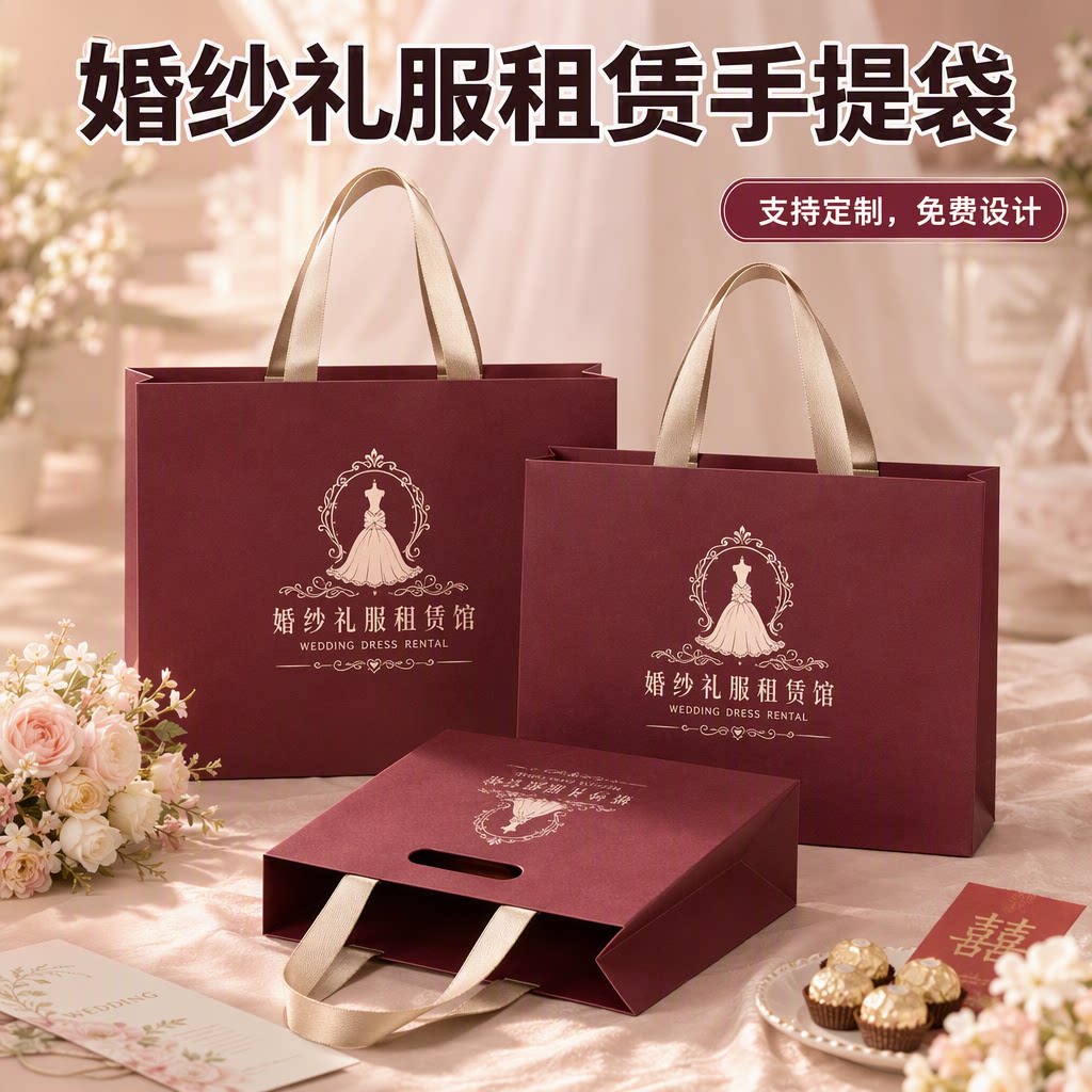 高级伴手礼手提袋婚纱礼服租馆购物袋优雅喜糖喜饼大容量纸袋Y577