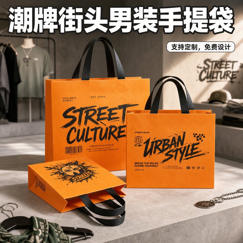 服装店手提袋潮牌男装店包装袋帅酷服装打包袋定制纸袋加厚Y403