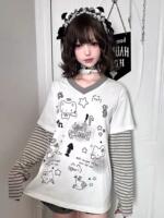 Two white and grey striped fake long-sleeved T-shirts, a cute and soft girl's top, a Japanese-style student's autumn base layer underneath thumbnail 2