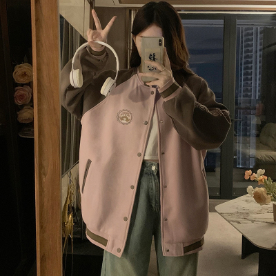 粉色棒球服外套女春秋季新款学生