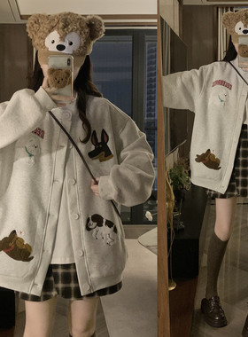 美式复古小狗刺绣棒球服外套女2025春秋新款宽松休闲情侣夹克上衣