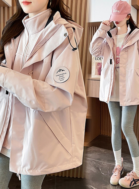 粉色加绒加厚冲锋衣外套女三合一可拆卸秋冬装新款情侣户外登山服