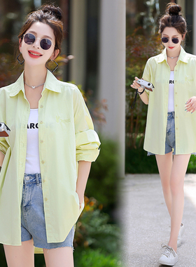 绿色纯棉防晒衬衫女2025春夏新款薄款外套韩版宽松休闲中长款衬衣