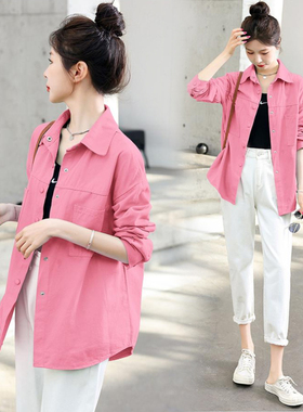粉色牛仔衬衫外套女春秋2025年新款韩版简约宽松休闲百搭长袖衬衣
