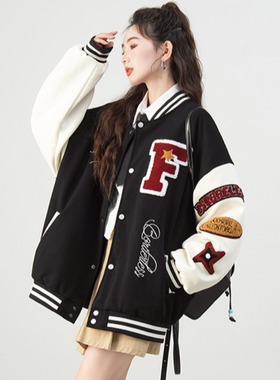 美式复古字母刺绣棒球服外套女2025秋季新款宽松大码情侣百搭夹克