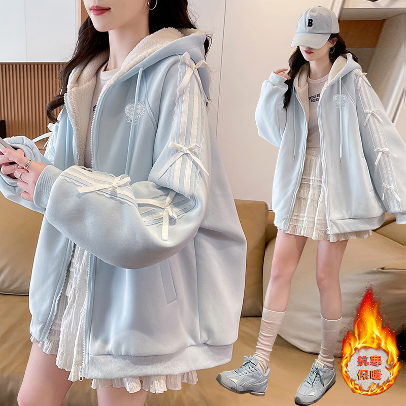 甜美学院风加绒棒球服外套女2026秋冬季新款宽松加厚学生连帽卫衣