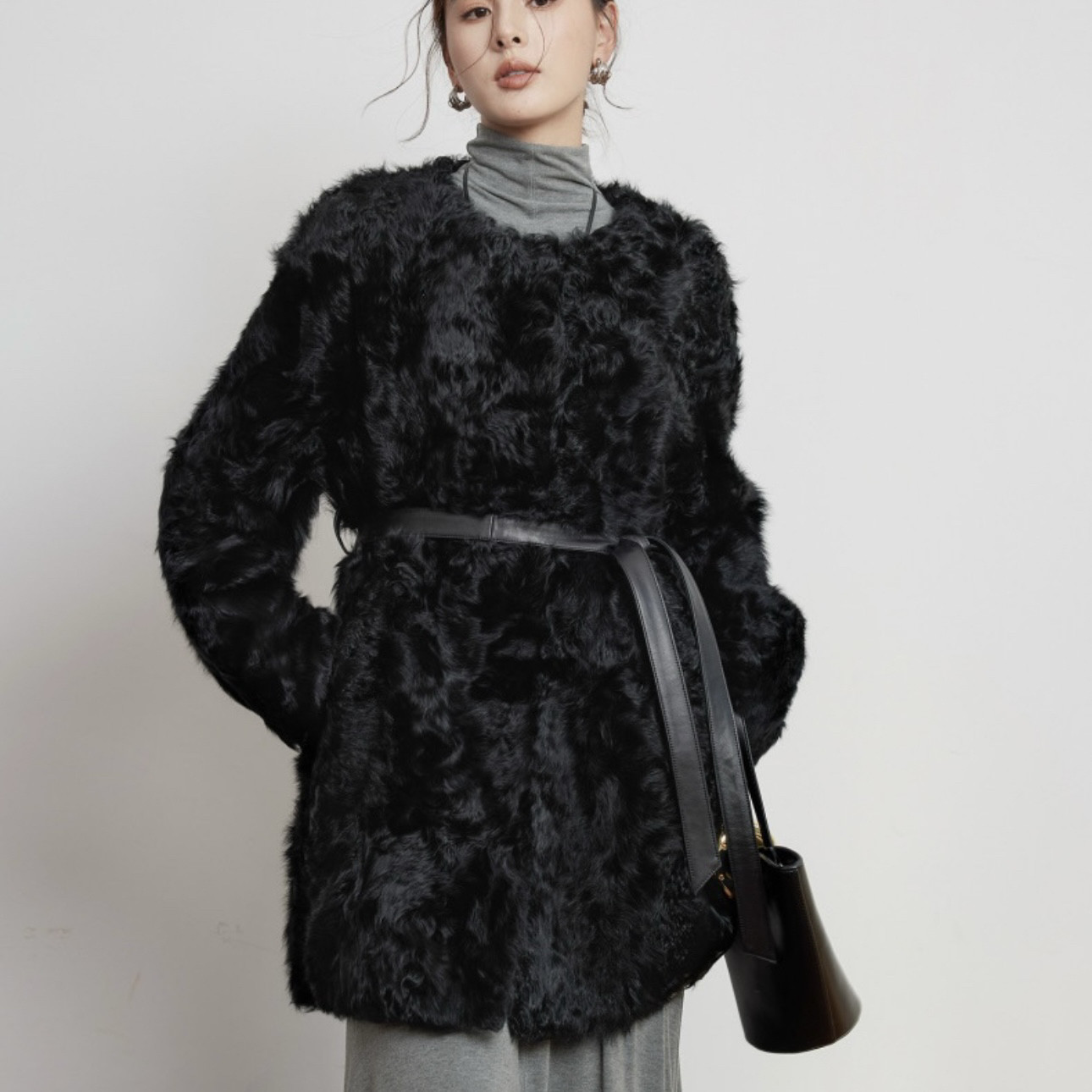 一善风小湖羊皮毛一体外套女中长款皮草皮毛一体配腰带LA24105