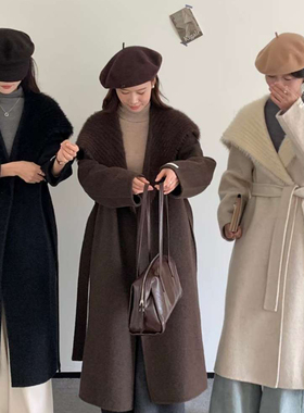 一善接毛毛大翻领收腰系带羊毛外套(配腰带)(含69.2绵羊毛)80085