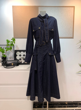 服饰港味复古深色牛仔衬衫+大裙摆半身裙套装(配腰带,领带)35354
