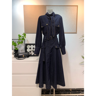 服饰港味复古深色牛仔衬衫+大裙摆半身裙套装(配腰带,领带)35354
