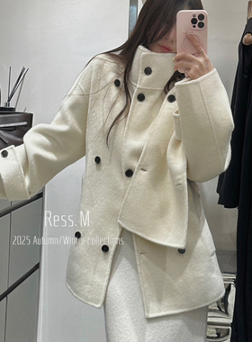 一善古双排扣高领宽松毛呢大衣(配腰带)Re25-04144