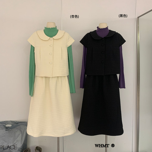 韩系温柔彼得翻领肌理绗缝短外套+松紧A字半身裙套装Q6853