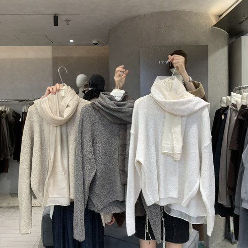 秋上新韩系慵懒宽松圆领针织保暖毛衣(配围巾)（含6羊毛）87106