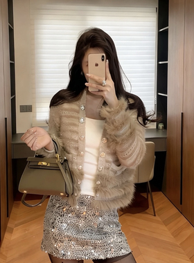 一善小众设计狸毛毛轻皮草亮丝V领镂空小香风针织开衫C善Z351009