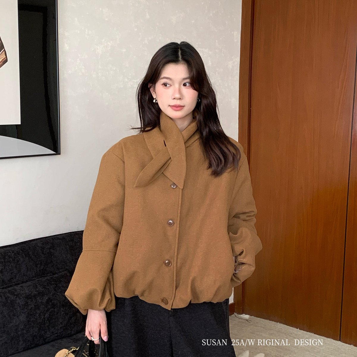 一善古回潮宽松质感慵懒保暖棉服外套配围脖含25羊毛Tw75