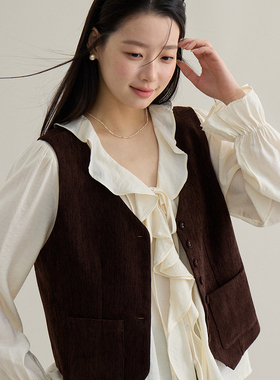 一善小众设计26年早春复古无袖叠穿外套领排扣马甲N0050善