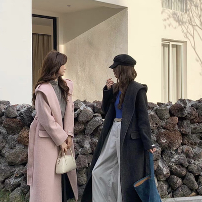 一善气质长款韩版宽松毛呢子羊毛外套(配腰带)（含100羊毛）66655