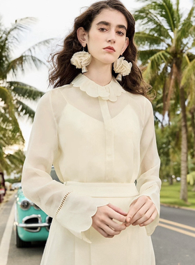 一善镂空花瓣袖刺绣真丝欧根缎长袖衬衫小衫(新中式)zl-A773331A