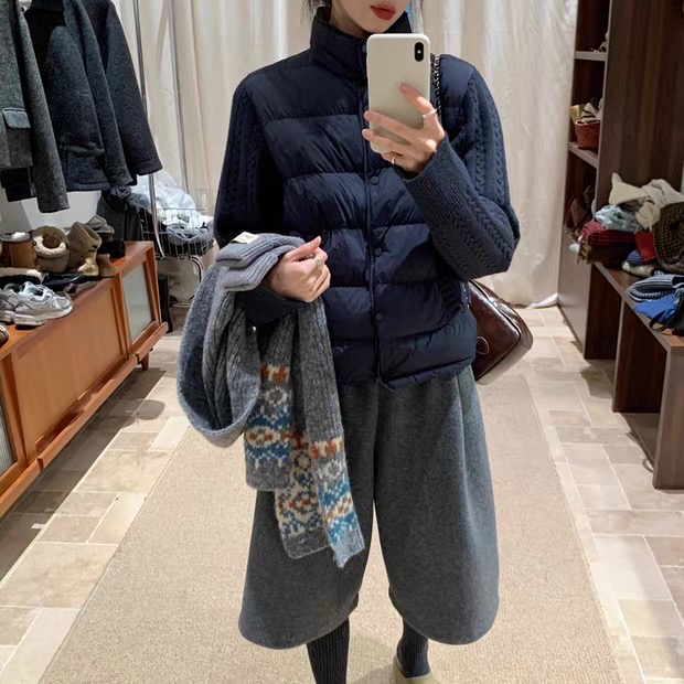 一善设计冬上新韩系立领修身针织袖拼接设计保暖羽绒服外套107176