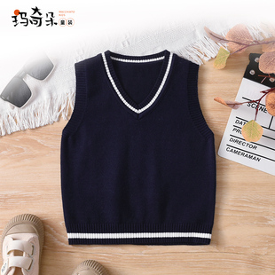 男女童学院风V领针织背心马甲宝宝无袖毛衣坎肩深蓝色条纹