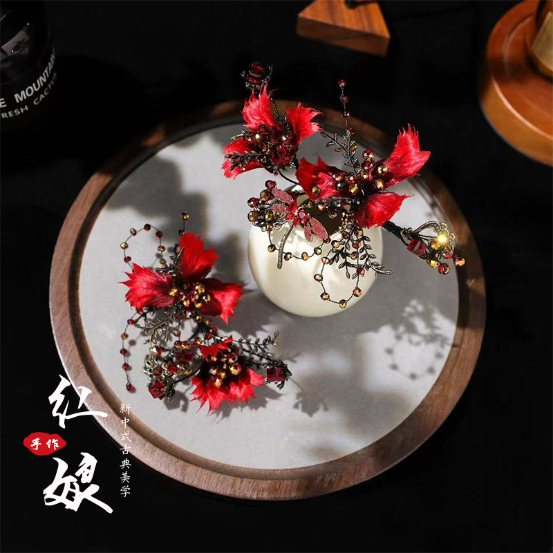新款新中式新娘头饰红色古风花朵发饰旗袍秀禾服龙凤褂婚礼配饰