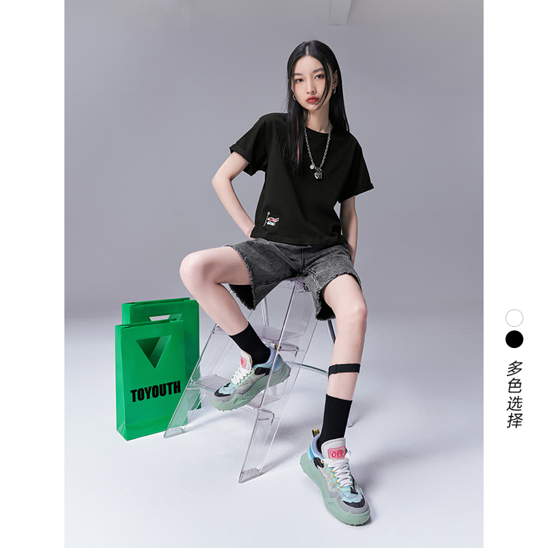 TOYOUTH初语T恤女2022夏季新款宽松短款易搭显高下摆开衩圆领T恤