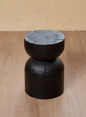 原木墩子木桩凳实木侘寂炭烧黑色沙发旁边角几摆件底座根雕矮凳子