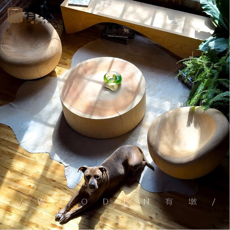 北欧实木墩子原木沙发椅创意民宿设计酒店休闲艺术创意根雕凳子