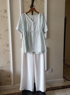 香ying专柜撤柜品牌女装夏季新款浅蓝色V领宽松系腰带短袖衬衫