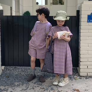 儿童兄妹装2026夏款男童短袖短裤两件套女童紫色条纹卫衣裙姐弟装