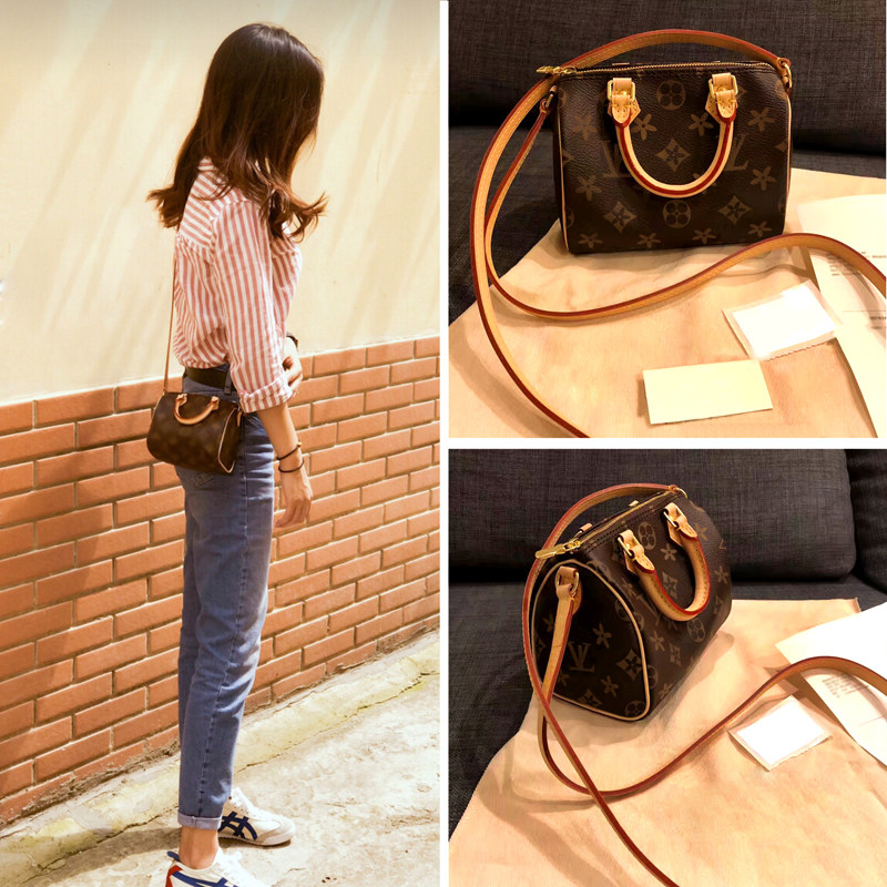 香港专柜女包2023新款波士顿枕头包speedy20老花真皮斜挎迷你小包