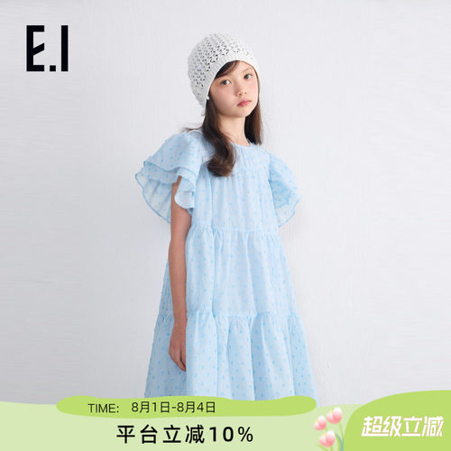ei童装女童连衣裙夏季新款中大童纯色波点荷叶飞袖蛋糕裙