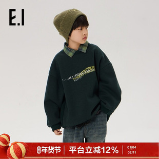 ei童装男童加绒款圆领卫衣冬装新款中大童潮酷字母印花亲子装