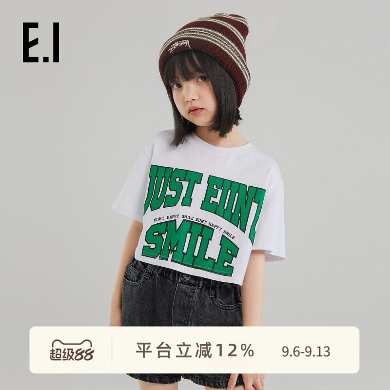 ei童装女童短袖T恤字母印花上衣图片