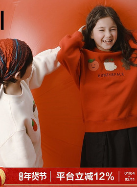 ei童装女童加绒卫衣冬装新款中大童卡通图案红色年装亲子装