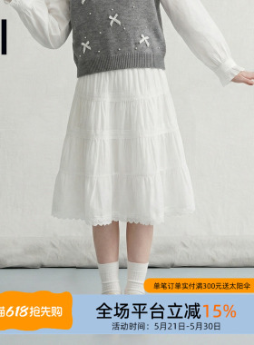 ei童装女童白色半身裙2026春季新款中大童优雅休闲A字蛋糕裙