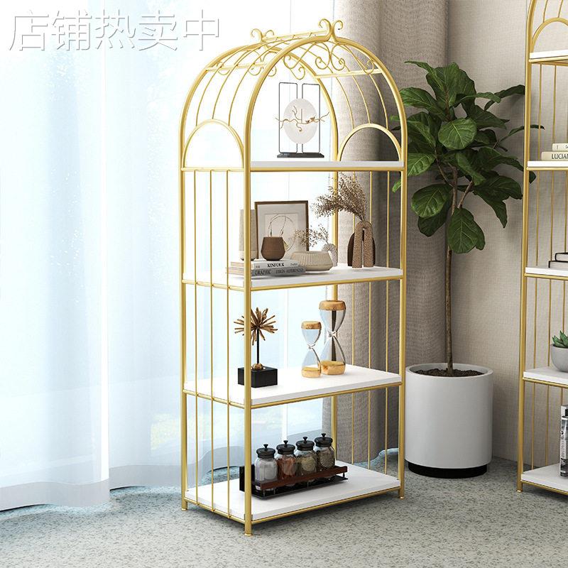北欧铁艺客厅置物架金色落地化妆品店展示架网红服装店包包收纳架