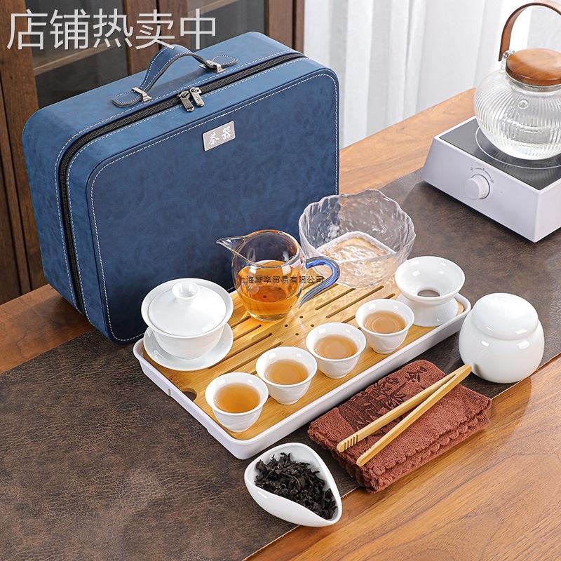 车载羊脂玉旅行茶具陶瓷盖碗茶壶杯白瓷家用简约中式整套便携制作