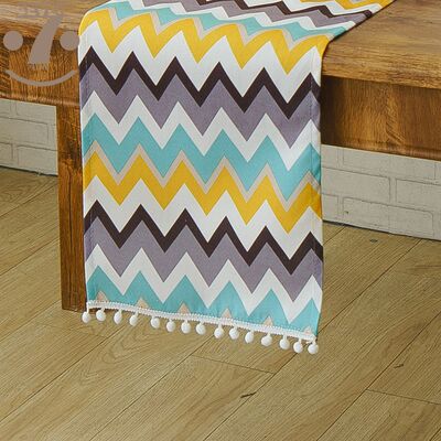 Light Blue Geometric Pattern Printed Table Runner With Ball