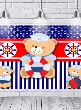 Photography Backdrops Teddy Bears White Blue Stripes Anchor