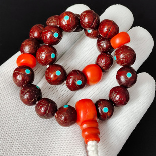 藏传尼泊尔回流高密小凤眼菩提子纯手盘22颗手串手持南红镶嵌松石