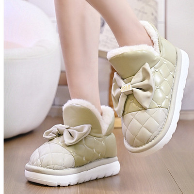 可爱蝴蝶结冬季高帮棉鞋女士防水外穿加绒保暖包跟厚底防滑雪地靴